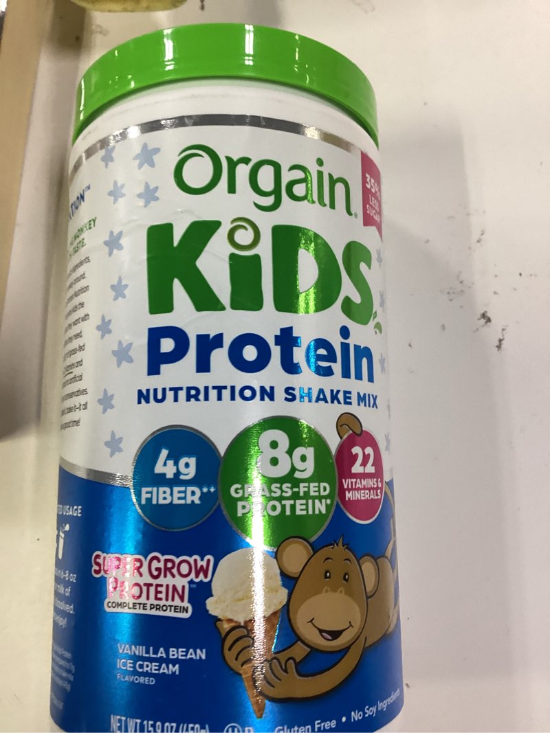 Condition photo showing New/Like New for (exp 04-05-2025)orgain kids protein powder shake mix, vanilla bean ice cream - 8g grass-fed dairy protein, 4g fiber, 22 vitamins & minerals, gluten free, no soy ingredients, adds healthy nutrients to kids snacks, 1lb vanilla bean ice cream 15.9 ounce (pack of 1)