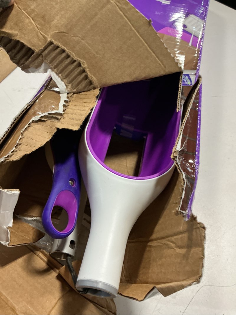 Condition photo showing As Is for swiffer powermop multi-surface mop kit for floor cleaning, includes powermop, 2 mopping pad refills, 1 cleaning solution with fresh scent and 2 batteries purple and white