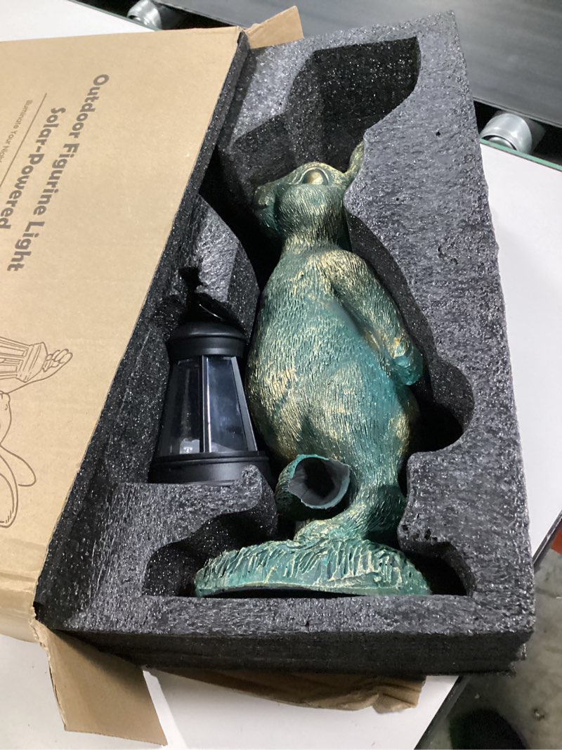 Condition photo showing As Is for rabbit garden statues with solar lantern bunny outdoor resin sculpture for patio yard lawn decorations gifts for mother’s day housewarming easter