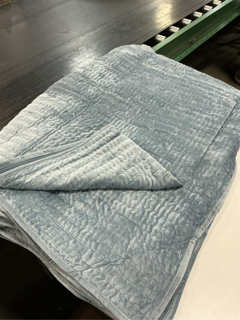 Condition photo showing As Is for wdcozy velvet queen size quilt set - blue striped pick stitch soft lightweight bedspread, channel farmhouse country rustic coverlet, modern bedding warm thin comforter, 1 pieces dusty blue queen(90\"x90\")