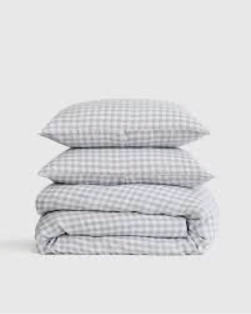 QUINCE European King Linen Gingham Duvet Cover Set 4 Pieces White Ocean