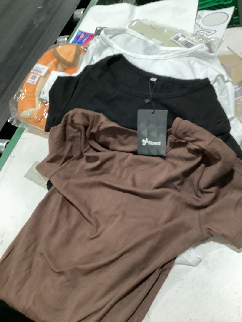Condition photo showing As Is for ficerd 3 pack women's short sleeve t-shirts, loose fit crew neck tunic tops casual solid basic tee shirts curved hem blouses black, white, dark coffee large