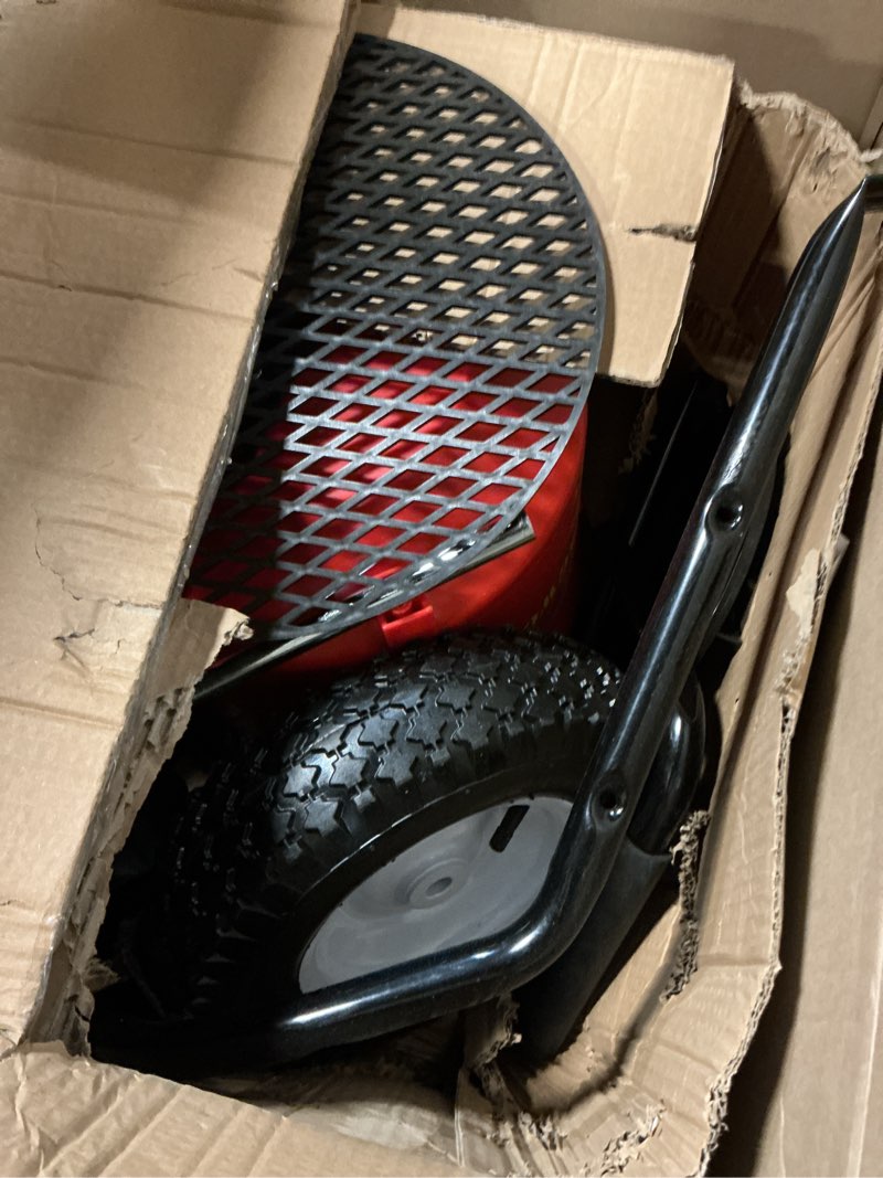 Condition photo showing Good Condition for 50lb broadcast spreader, capacity lawn spreader & fertilizer spreader, rustproof poly hopper, adjustable drop rate, all-terrain pneumatic tires, epoxy-coated frame for lawn care, red