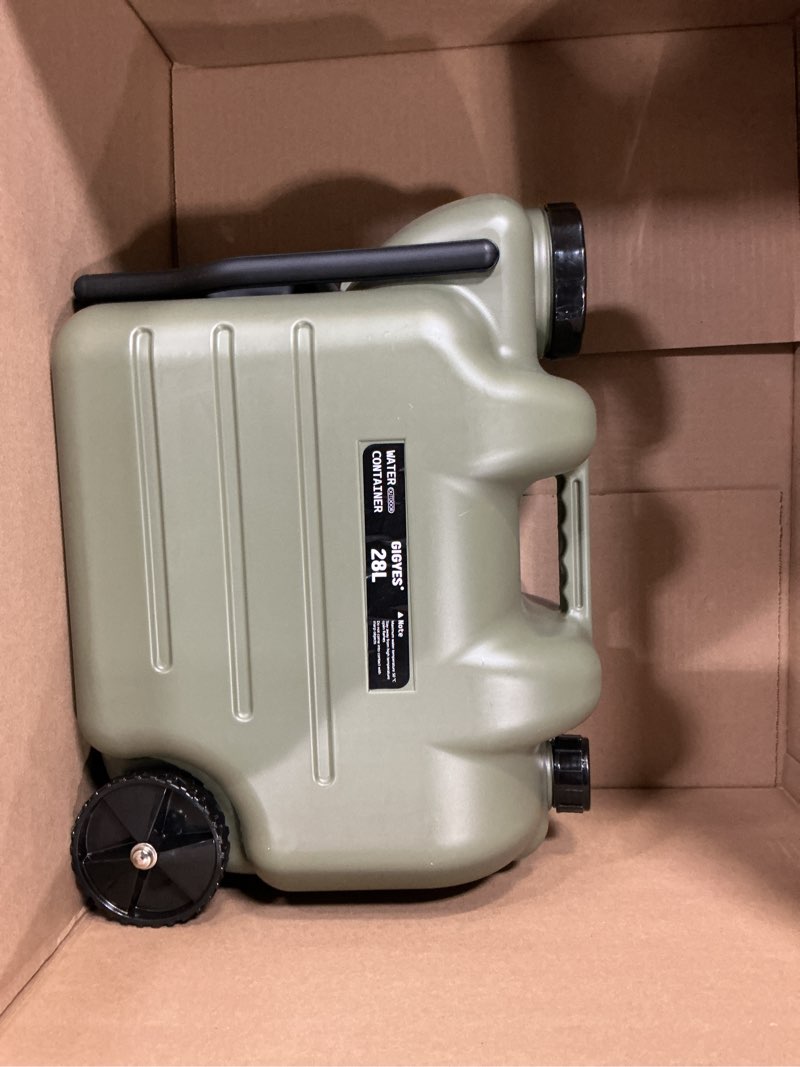Condition photo showing Good Condition for 7.4 gallon water jug with wheels & folding handle, rolling wheel water storage tank for hiking camping, portable