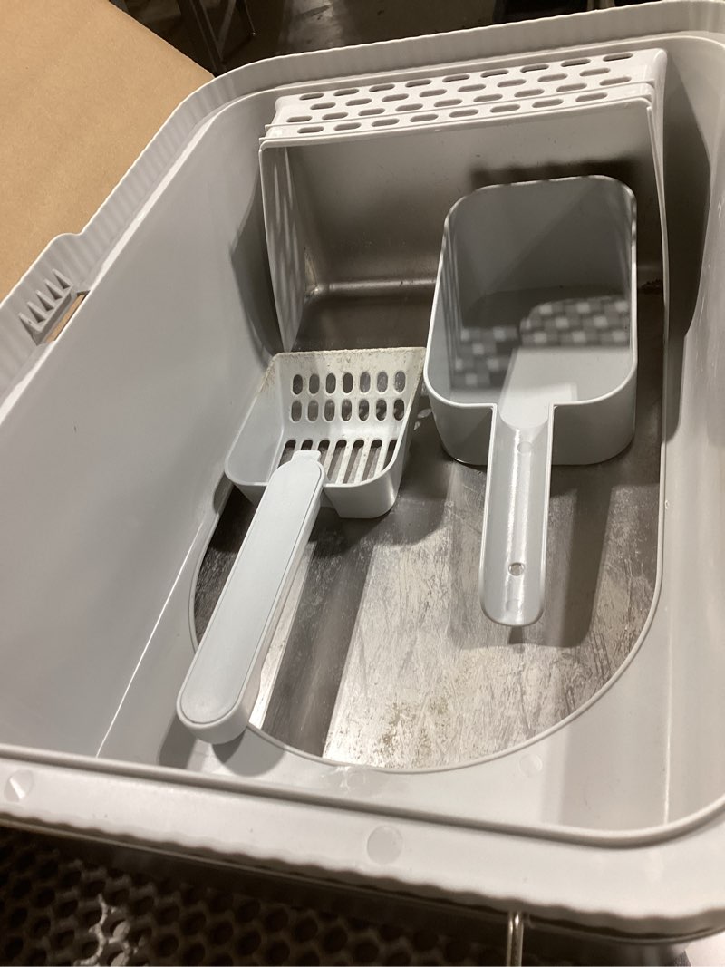Condition photo showing As Is for Stainless Steel Cat Litter Box, Odor Free Metal Litter Box with High Sides Lid, Open Top Low Entry Litter Pan Include Scoop Easy Cleaning Anti-Scratch Kitty Cat Box Anti-Urine Leakage, Non-Sticky