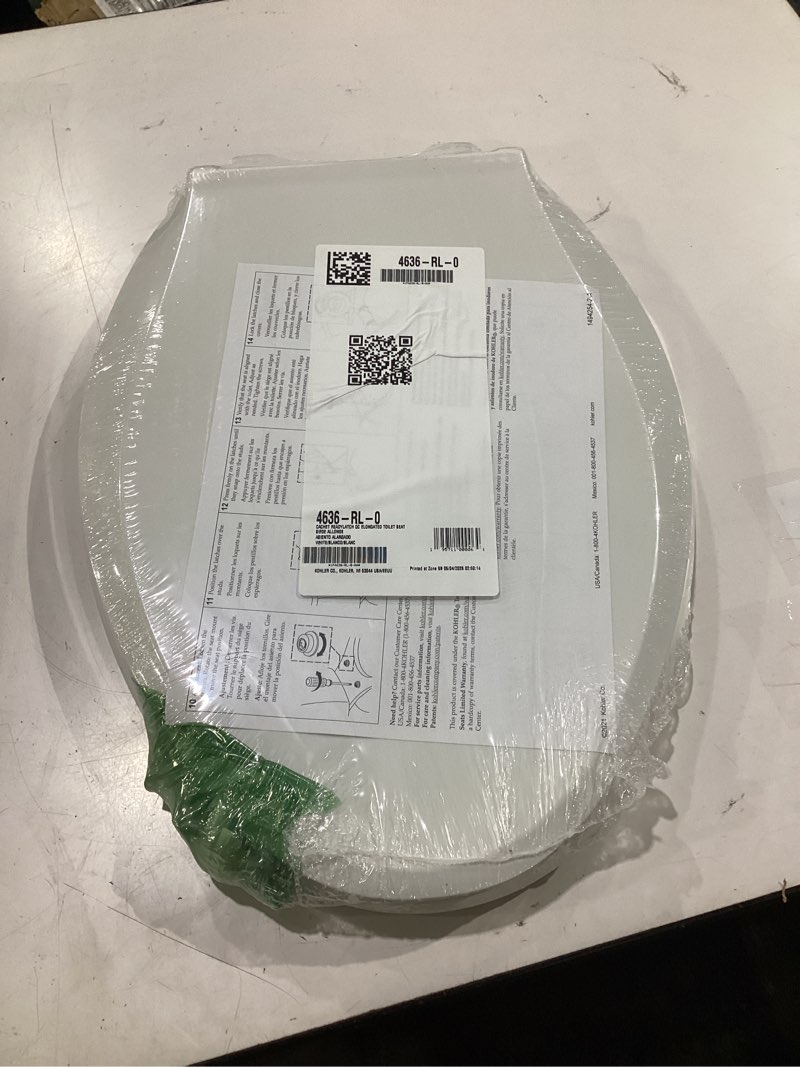 Condition photo showing New/Like New for kohler 4636-rl-0 cachet readylatch elongated toilet seat slow close, soft close toilet seat quiet lid, contoured grip-tight bumpers installation hardware, apartment essentials, white