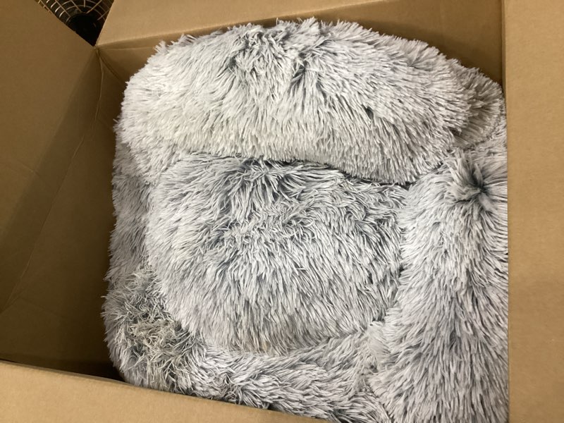 Condition photo showing As Is for western home wh calming dog & cat bed, anti-anxiety donut cuddler warming cozy soft round bed, fluffy faux fur plush cushion bed for small medium dogs and cats (20\"/24\"/27\"/30\") 30.0\"l x 30.0\"w x 8.0\"th light grey, used