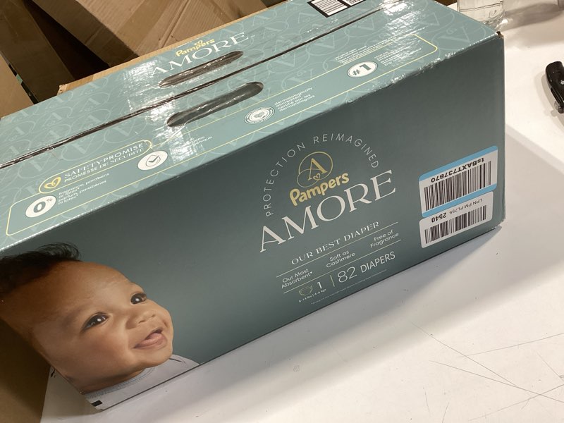 Condition photo showing Good Condition for pampers amore, size 1 (8-14 lbs), 82 count, our best diaper – hypoallergenic & fragrance free, up to 100% leakproof, soft as cashmere size 1 82