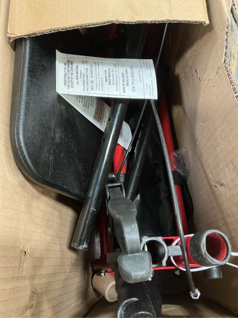 Condition photo showing As Is for Drive Medical 10257RD-1 4 Wheel Rollator Walker With Seat, Steel Rolling Walker, Height Adjustable, 7.5" Wheels, Removable Back Support, 300 Pound Weight Capacity, Red