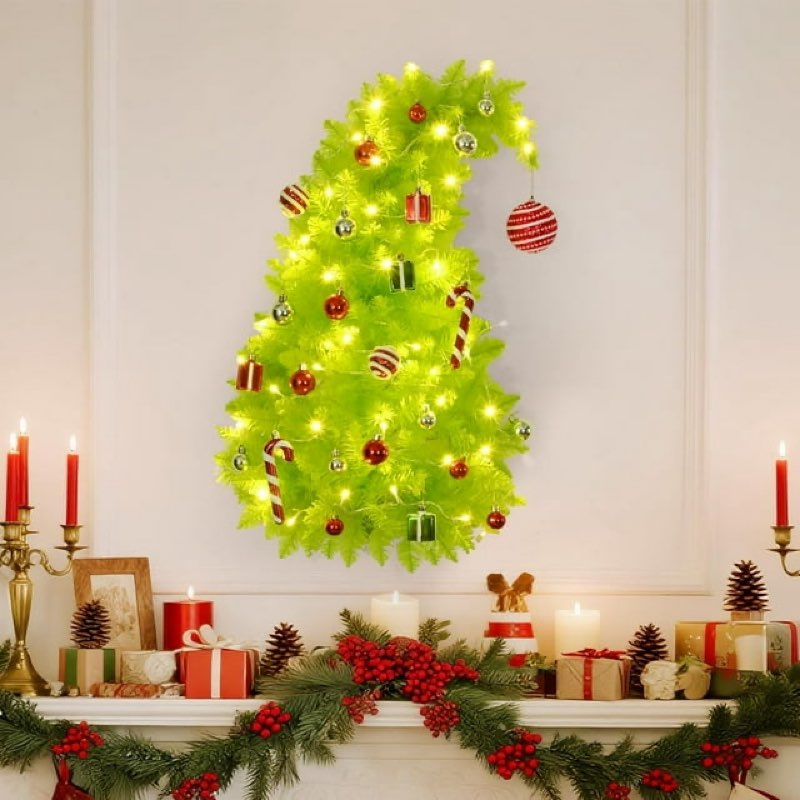 Lyacmy 3 FT Wall Christmas Tree with Lights, Lime Green Half Chrismas Tree for Wall Xmas Indoor Home Christmas Decorations