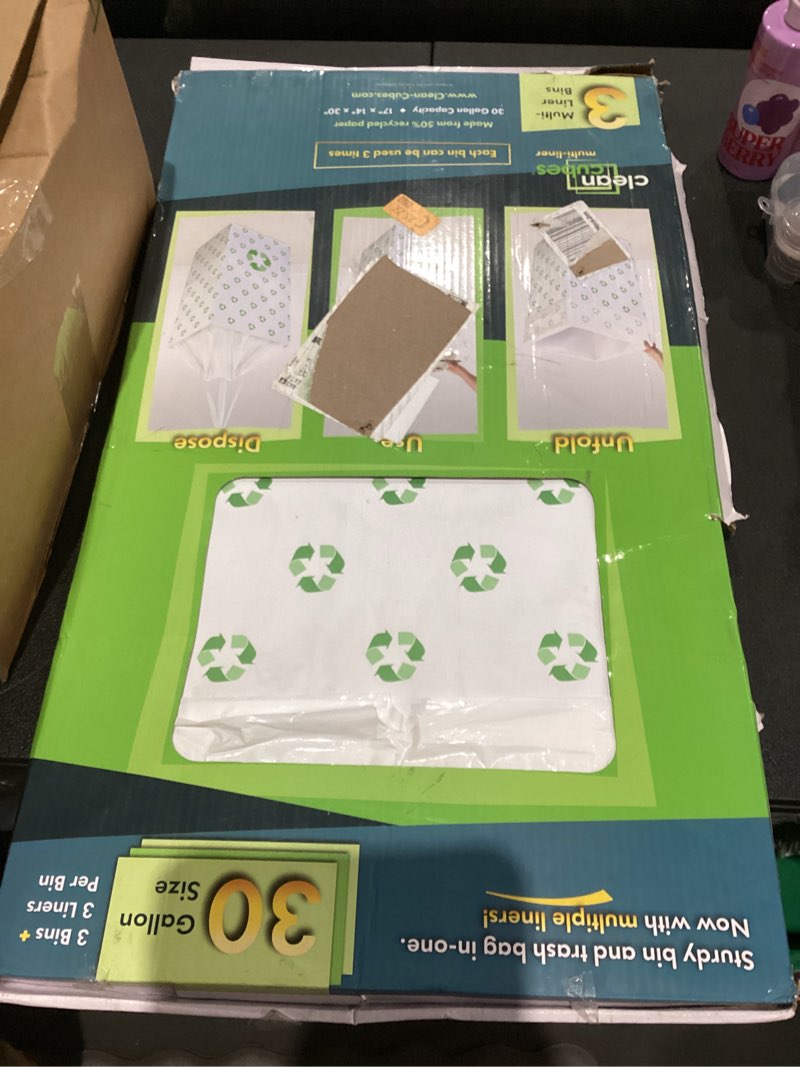 Condition photo showing As Is for 30 Gallon Disposable Pop-Up Trash Cans (3-Pack, Multi-Liner) with Fitted Bags – Foldable Garbage & Recycling Bins for Parties, Events & Kitchen (Recycle 30" H x 14" W x 17" D)