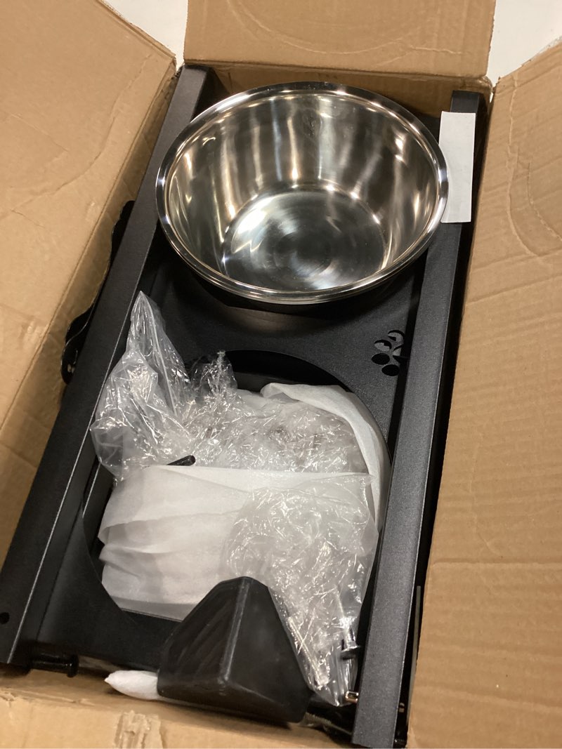 Condition photo showing As Is for metal elevated dog bowls for medium/large breed, 3 adjustable height(8.8"/11.5"/14") raised dog bowls stand with four 58oz stainless steel bowls, for neck & joint protection black-4 basic bowl(58oz) 8.8-14" for medium/large dogs