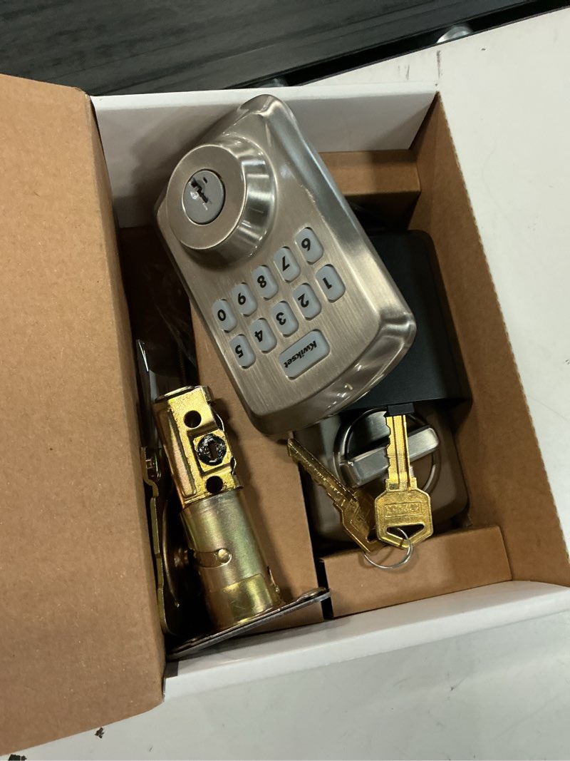 Condition photo showing As Is for kwikset smartcode satin nickel zinc electronic deadbolt