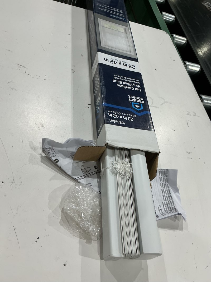 Condition photo showing As Is for  project source light filtering 1-in slat width 23-in x 42-in cordless white vinyl light filtering mini-blinds