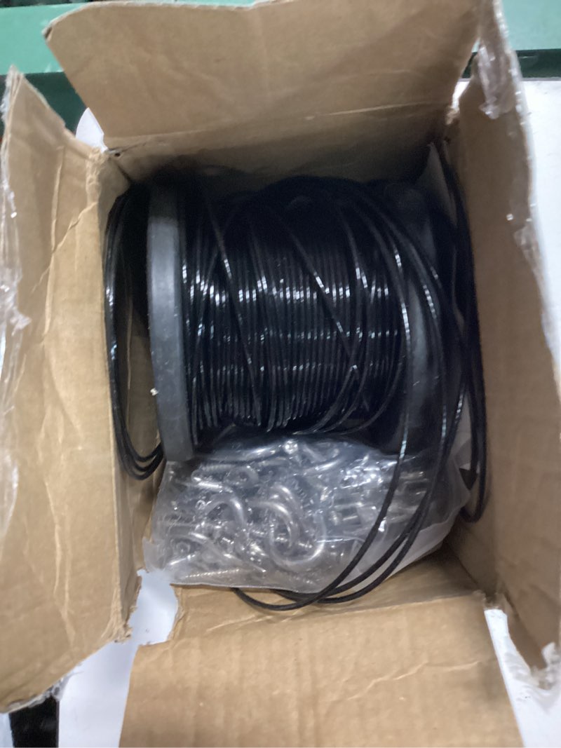 Condition photo showing As Is for yql outdoor string lights hanging kit,globe string lights suspension kit,164ft black vinyl-coated 304 stainless steel cable,string light guide wire,hook & eye turnbuckle wire rope tension black-164ft