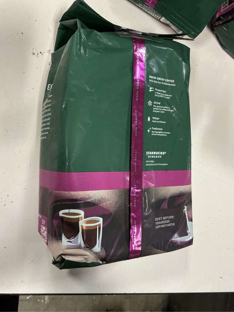 Condition photo showing New/Like New for  (BBD:15/MAR/2026) Starbucks Ground Coffee, Dark Roast Coffee, Espresso Roast, 100% Arabica, 1 bag (28 oz) 28 Ounce (Pack of 1)