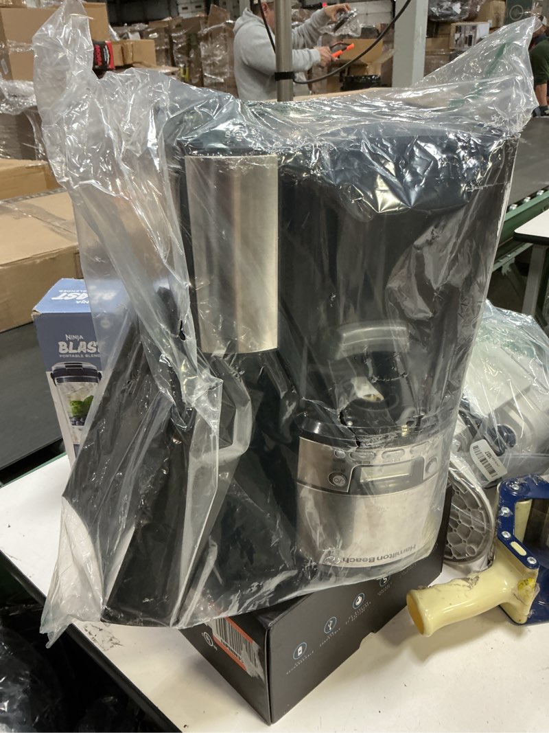 Condition photo showing As Is for Hamilton Beach One Press Programmable Dispensing 12 Cup Coffee Maker with Internal Coffee Pot, Stays Warm and Fresh for Hours, 60 oz. Removable Reservoir, Black & Stainless Steel (47950) Black and Silver