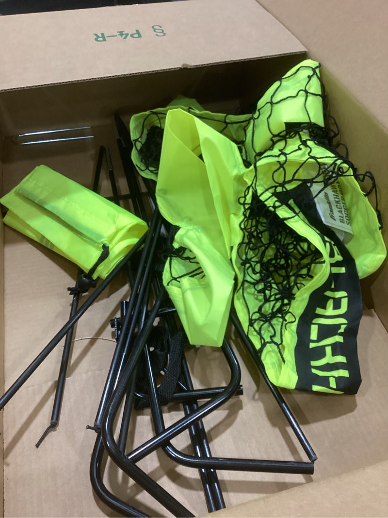 Condition photo showing As Is for franklin sports blackhawk backyard soccer goal - portable pop up soccer nets - youth + adult folding indoor + outdoor goals - multiple sizes + colors 4' x 3' optic yellow