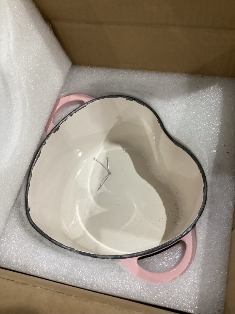 Condition photo showing Good Condition for Paris Hilton Enameled Cast Iron Dutch Oven Heart-Shaped Pot with Lid, Dual Handles, Works on All Stovetops, Oven Safe to 500°F, 2-Quart, Pink Pink 2-Quart
