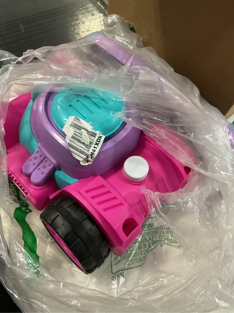 Condition photo showing As Is for sloosh bubble lawn mower toddler toys - spill-proof bubble machine pretend gardening toy for age 1 2 3 1-3 year old toddler indoor outdoor use, baby girl push toys valentines birthday gift (pink)