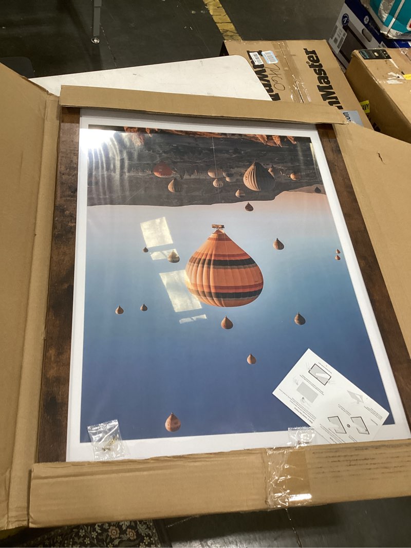 Condition photo showing As Is for wood 20x28 picture frame with 16x24 mat, display 16x24 with mat or 20x28 without mat, wood 20 by 28 photo frame, 20 x 28 frame for wall hanging display, deep brown 1 20x28 inch