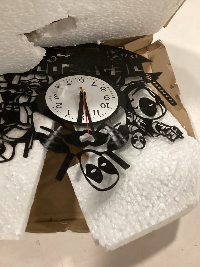 Condition photo showing As Is for Comics Deathpool Vinyl Retro Record Wall Clock Gift for Man Art Movie Xmas Gift for Boys
