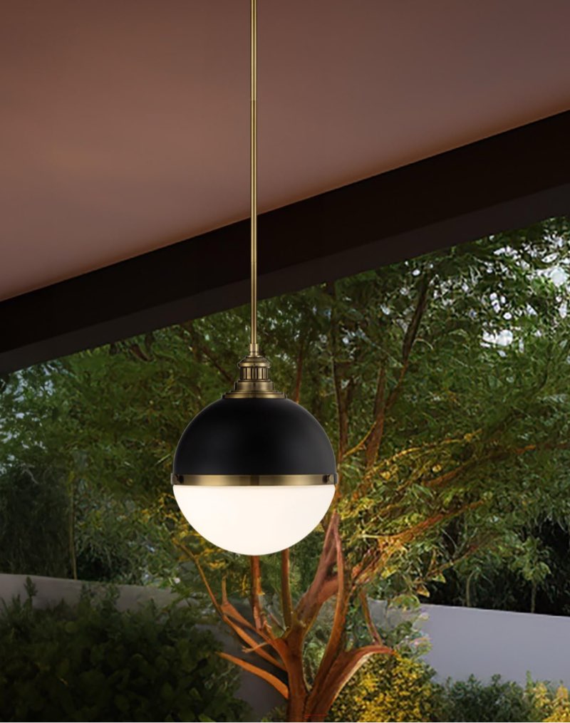 Minka Lavery 6605-885 Vorey White Etched Opal Glass Orb Outdoor Pendant Light, 1-Light 100 Watt, 15" H x 13" W, Coal and Oxidized Aged Brass