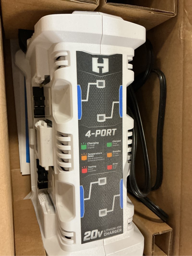 Condition photo showing As Is for hart 20-volt lithium-ion 4-port fast battery charger (batteries not included)
