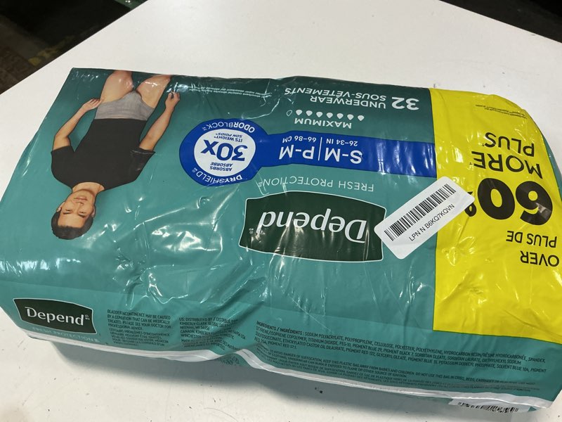 Condition photo showing New/Like New for depend fresh protection adult diapers, incontinence underwear for men, disposable, maximum, small/medium, grey, 32 count, packaging may vary small/medium 32