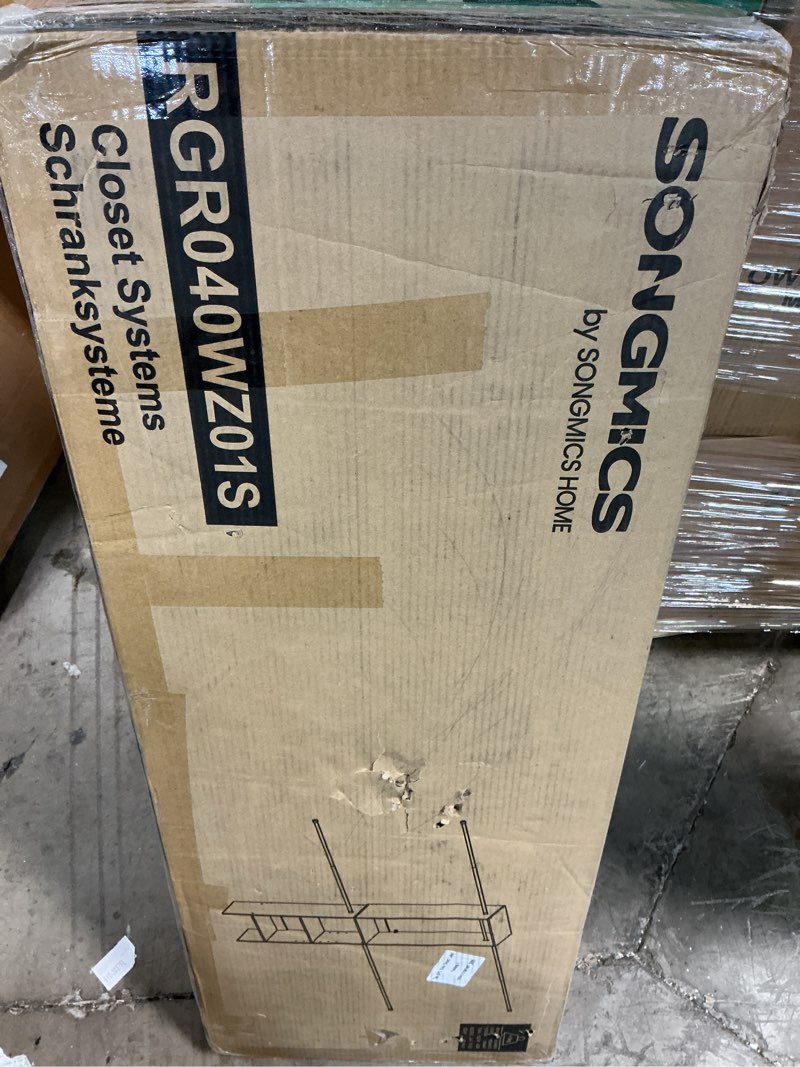 Condition photo showing New/Like New for songmics closet system, customizable walk-in closet organizer system with adjustable hanging rods and storage shelves, white, fits spaces 4-9.6 ft urgr040wz01s 4-9.6 ft without drawers