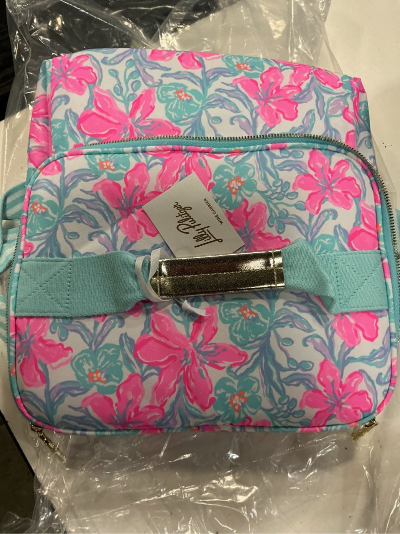 Condition photo showing Good Condition for lilly pulitzer insulated wine carrier, cooler bag holds up to 4 bottles of wine, soft cooler with adjustable/removable strap and double zipper close (beachside haven)