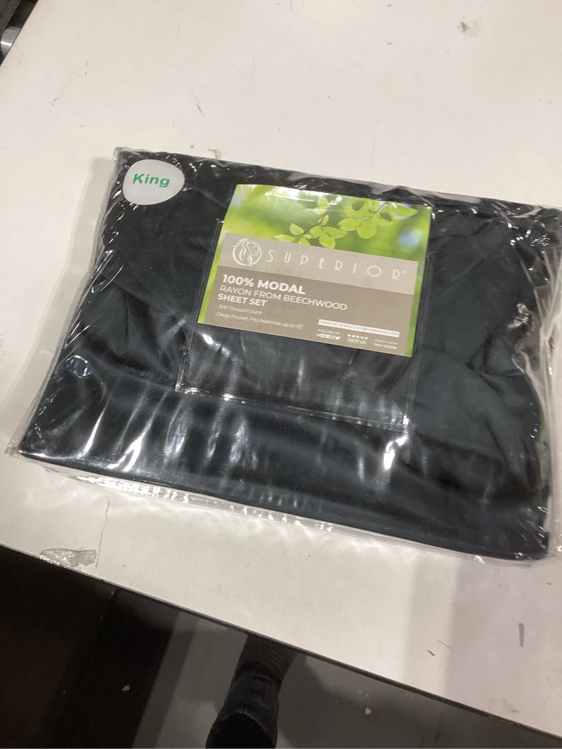Condition photo showing Good Condition for Superior Modal from Beechwood 300 Thread Bed Sheet Set, 1 Elastic Deep Pocket Fitted Sheet, 1 Flat Sheet, 2 Pillowcases, Soft Cool Sheets, Sateen Weave, Bedding Essentials, King, Black Black King