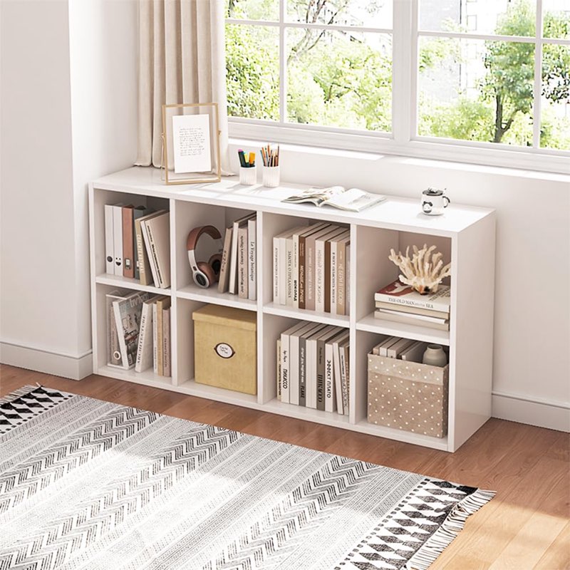 8-Cube Storage Organizer, White Bookshelf with Open Compartments for Home Office, Modern Bookcase Di
