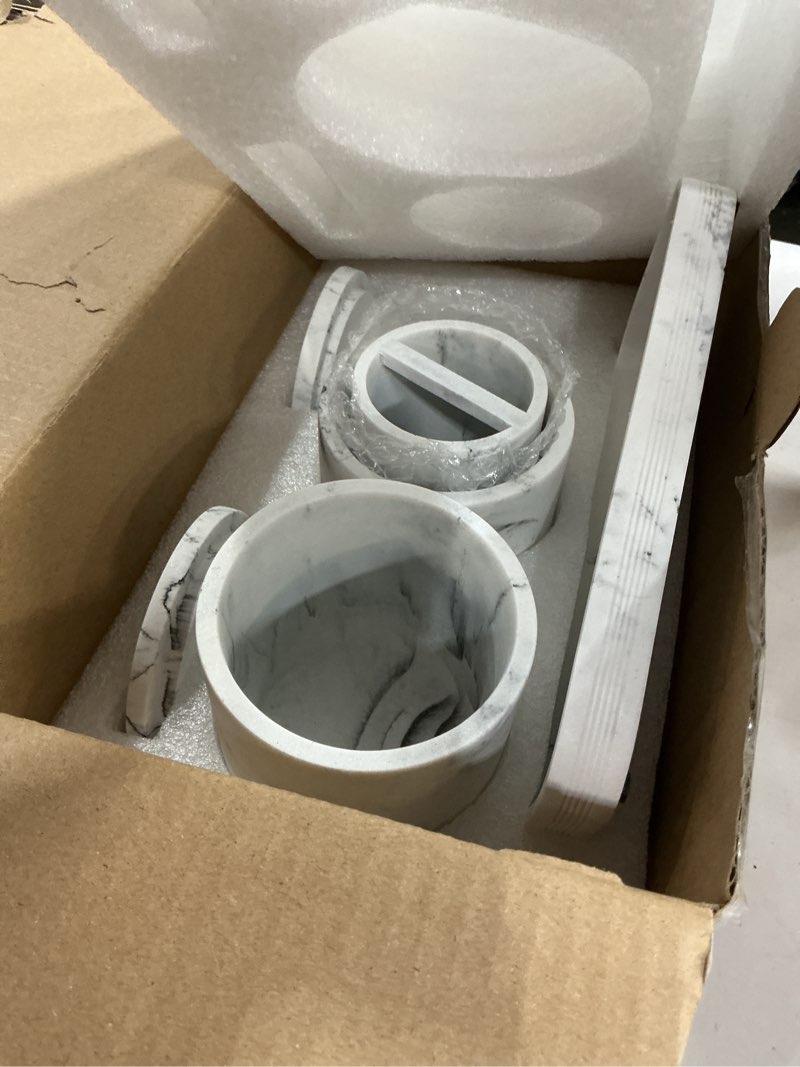 Condition photo showing Good Condition for ZCCZ - white  Bathroom Accessories Set 4 Pcs - Toothbrush Holder, Soap Dispenser, Vanity Tray, Bathroom Tumbler - Countertop Vanity Organizer - Bathroom Accessory Set- Toothbrush Holder Set, Stone Sets 4pcs  white 4pcs