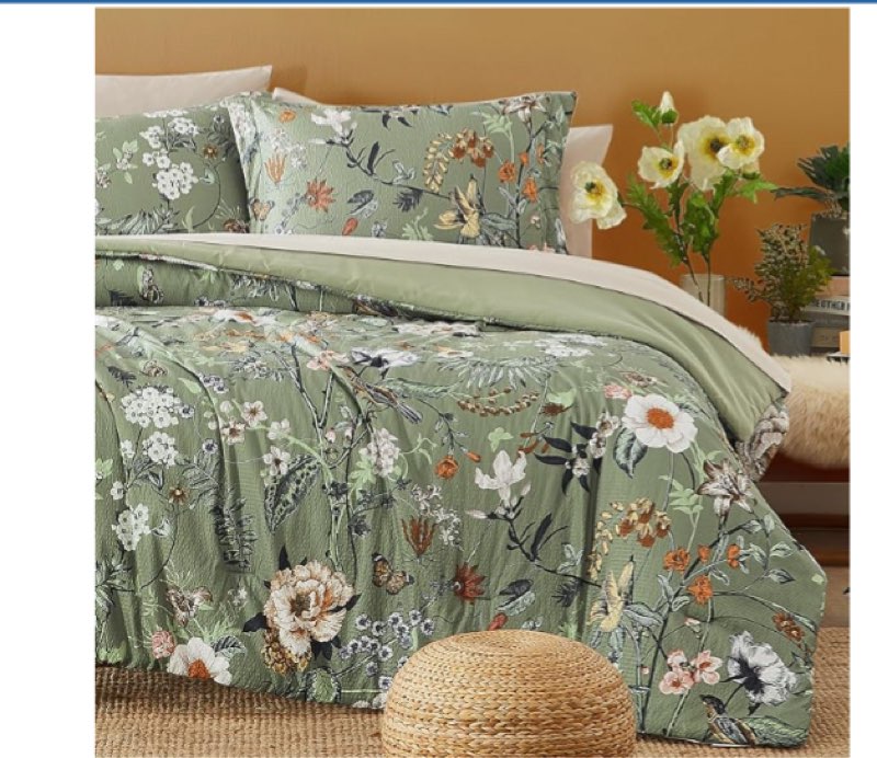 CASAAGUSTO King Size Comforter Set, 7 PCS Green Floral Comforter Set with Flowers Leaves Pattern, Soft All Season King Bedding Set(102\"X90\")