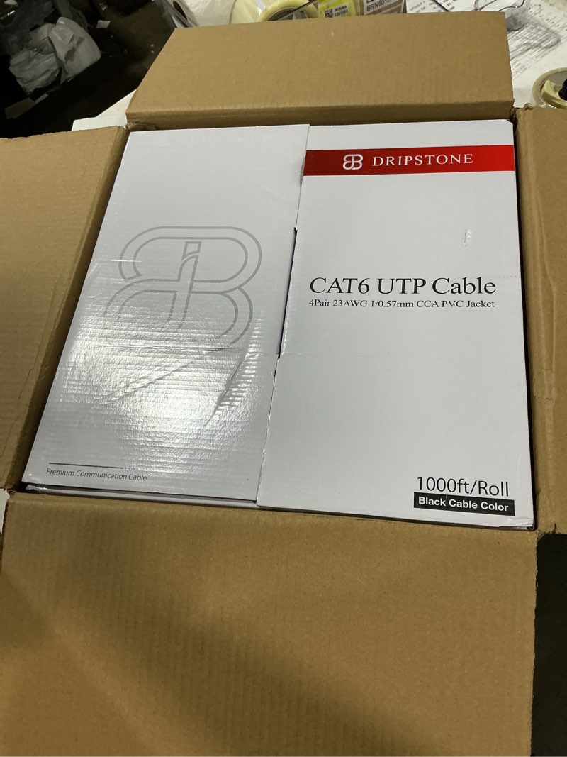 Condition photo showing New/Like New for dripstone cat6 ethernet cable 1000ft bulk network lan wire 23awg solid cca utp 550mhz high-speed internet cable gaming, streaming, office, home use, pull box, cat6 bulk, stable connectivity - black
