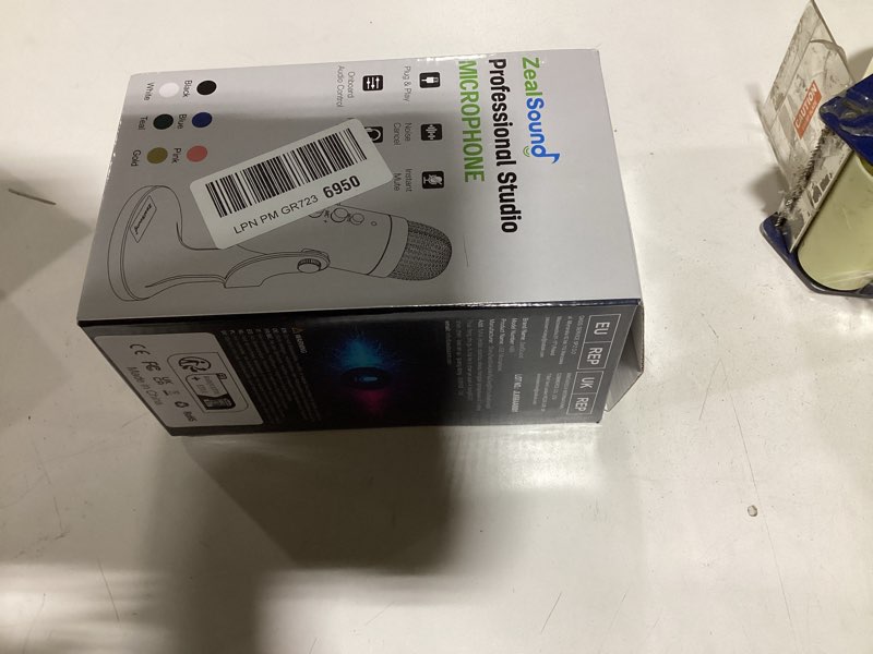 Condition photo showing As Is for zealsound podcast microphone for pc, noise cancellation usb mic with gain, volume adjustment & mute button, monitoring & echo, for youtube, tiktok, podcasting, streaming, iphone, ipad, android, mac black