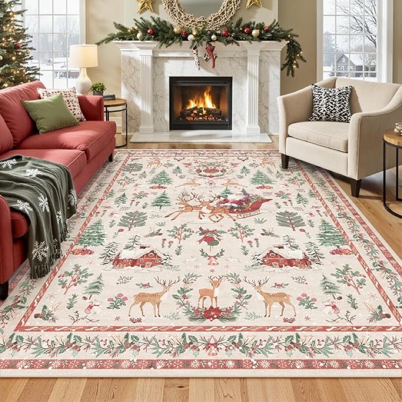 Lahome Christmas Rugs for Living Room, 8x10 Print Reindeer Bedroom Rug Large Washable Christmas Tree Carpets Indoor, Stain Resistance Non Slip Floor Carpet for Playroom Dining Room (Beige/orange) 8' x 10' (Rectangular) Christmas Beige/orange