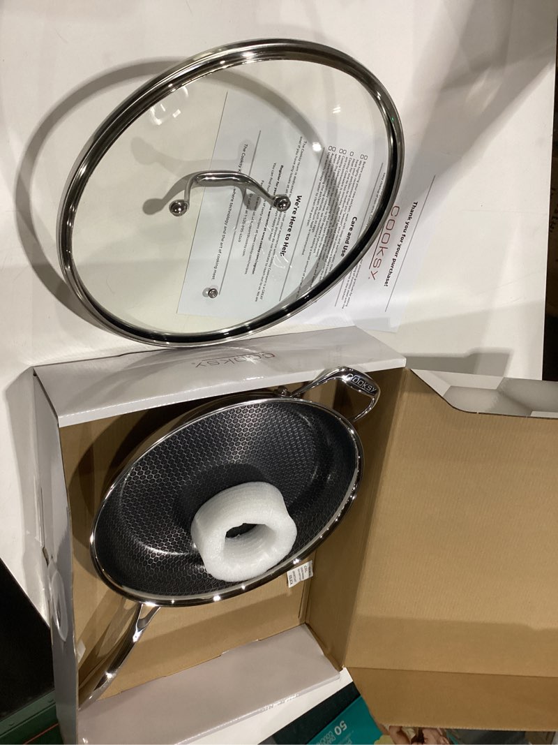 Condition photo showing Good Condition for Cooksy 12 Inch Honeycomb Ceramic Surface Hybrid Stainless Steel Frying Pan with Lid