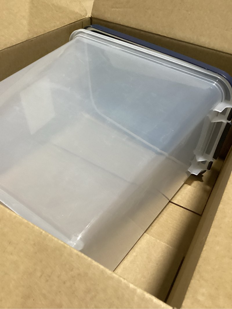 Condition photo showing As Is for IRIS USA Airtight Dog Food Storage Container, Up to 30 lbs, Attachable Wheels, for Dog Cat Bird and other Pet Food Storage Bin, Keep Fresh, Easy Mobility, BPA Free, Navy 30 lbs Navy