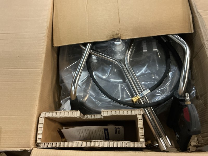 Condition photo showing Good Condition for janz 24'' pressure washer surface cleaner with 4 wheels,dual handle,stainless steel housing, 4 replacement nozzle cores and 2 hose adapters,ideal for driveways, sidewalks,patios,decks cleaning 24 inch