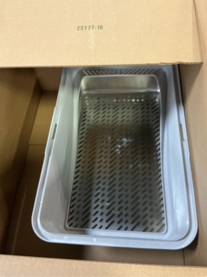 Condition photo showing As Is for Stainless Steel Sifting Litter Box, Sifting Cat Litter Boxes with Lid, Pellet Litter Box for Big Cat and Multi Cats with Scoop | High Sided, Anti-Urine Leakage, Non-Stick, Easy Cleaning XX-Large Silver Gray