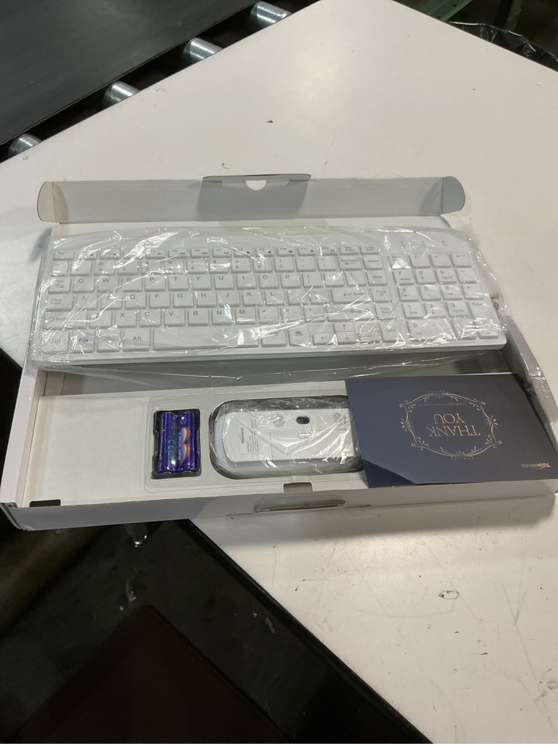 Condition photo showing New/Like New for wireless keyboard and mouse ultra slim combo, topmate 2.4g silent compact usb 2400dpi mouse and scissor switch keyboard set with cover, batteries included, for pc/laptop/windows/mac - white