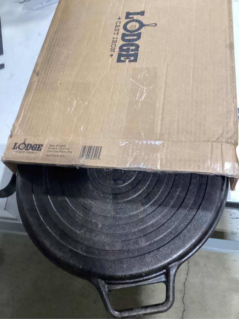 Condition photo showing New/Like New for lodge bold 14 inch seasoned cast iron pizza pan, design-forward cookware