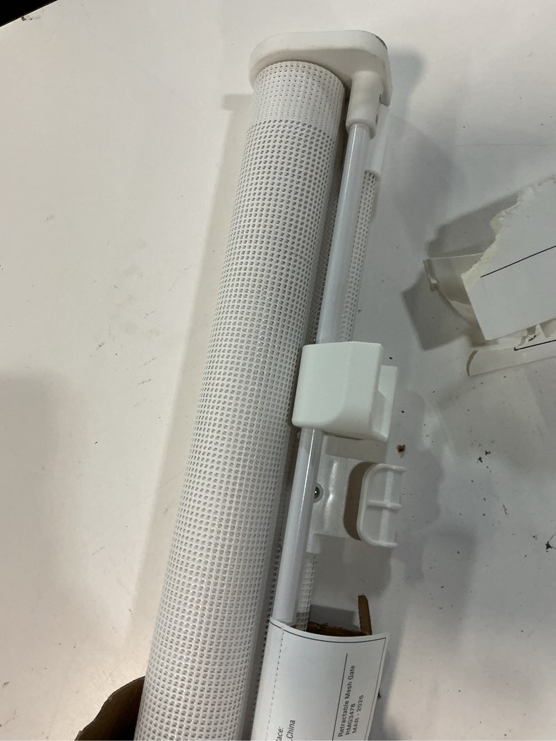 Condition photo showing Good Condition for 78" retractable extra wide baby gates for doorways, long mesh dog gate for large openings, indoor outdoor pet gate for deck porch kitchens hallways, 34" height, white white 34" tall x 78" wide