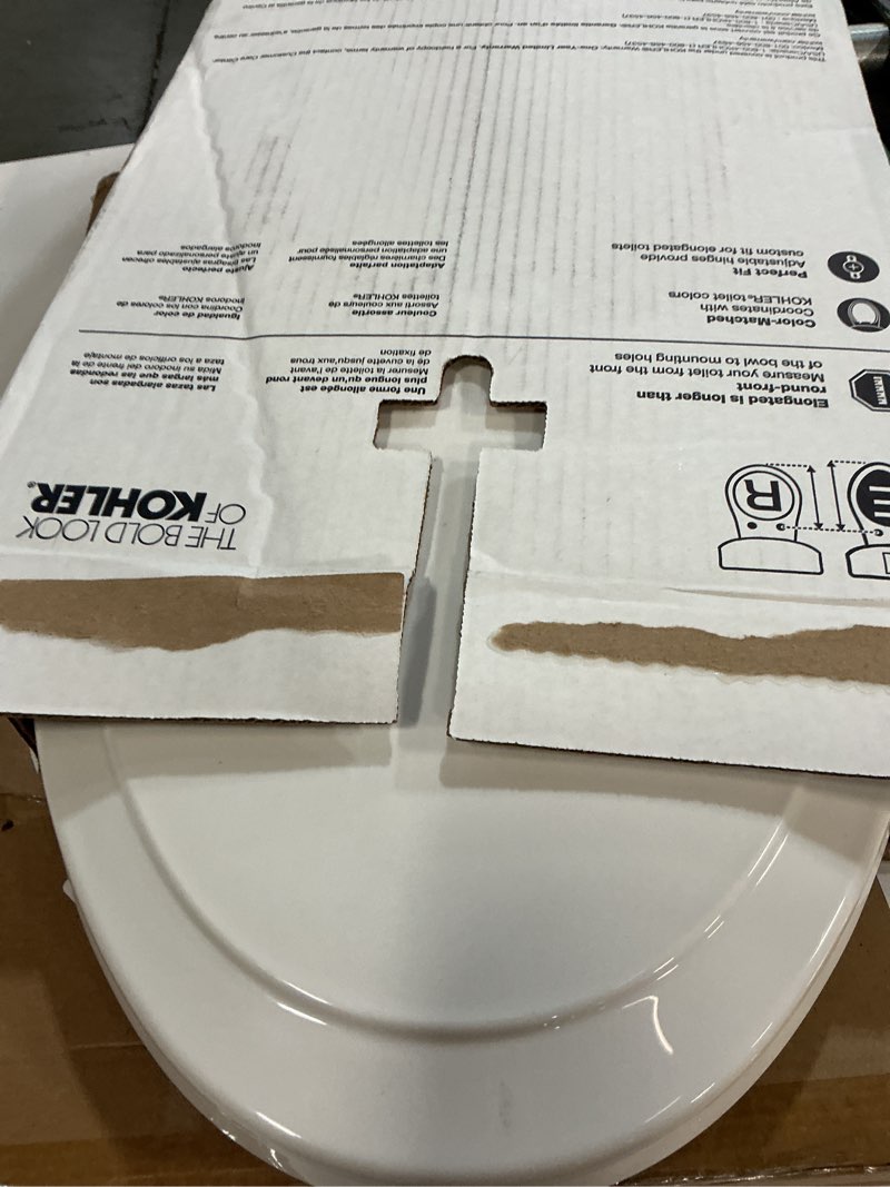 Condition photo showing As Is for kohler 4734-rl-0 rutledge readylatch elongated toilet seat, quiet-close lid, contoured seat, grip-tight bumpers and installation hardware, white