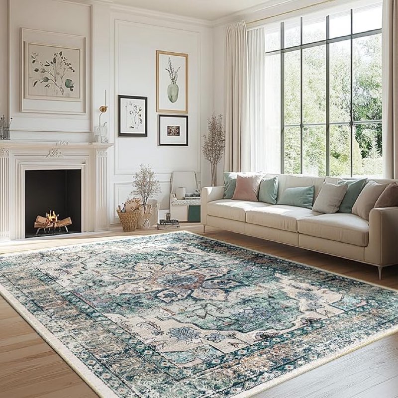 washable area rug - 1/6 thick - stain & water resistant non-slip - resistant rug for living room, bedroom, nursery, pet & child friendly, vintage charm area rugs (darkgrey+bule, 6' x 9') depth-darkgrey+bule 6' x 9' (rectangular)