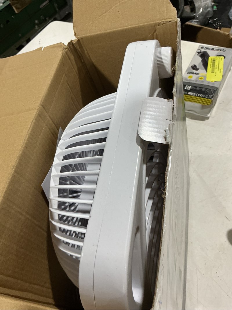 Condition photo showing As Is for mainstays 9" 3-speed indoor personal table electric fan, portable handle, white, model#fn2006w