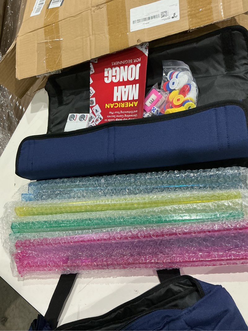 Condition photo showing Good Condition for american mahjong tile set,166 white tiles mahjong set,4 colors mahjong racks,travel mahjong set with blue carrying bag blue bag--white