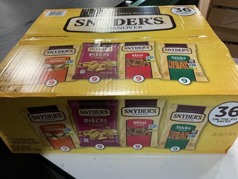 Condition photo showing New/Like New for (best by 04/25/2026) snyder's of hanover variety pack pretzels, 36 count variety pack (pack of 36) variety pack 1.69 ounce (pack of 36)